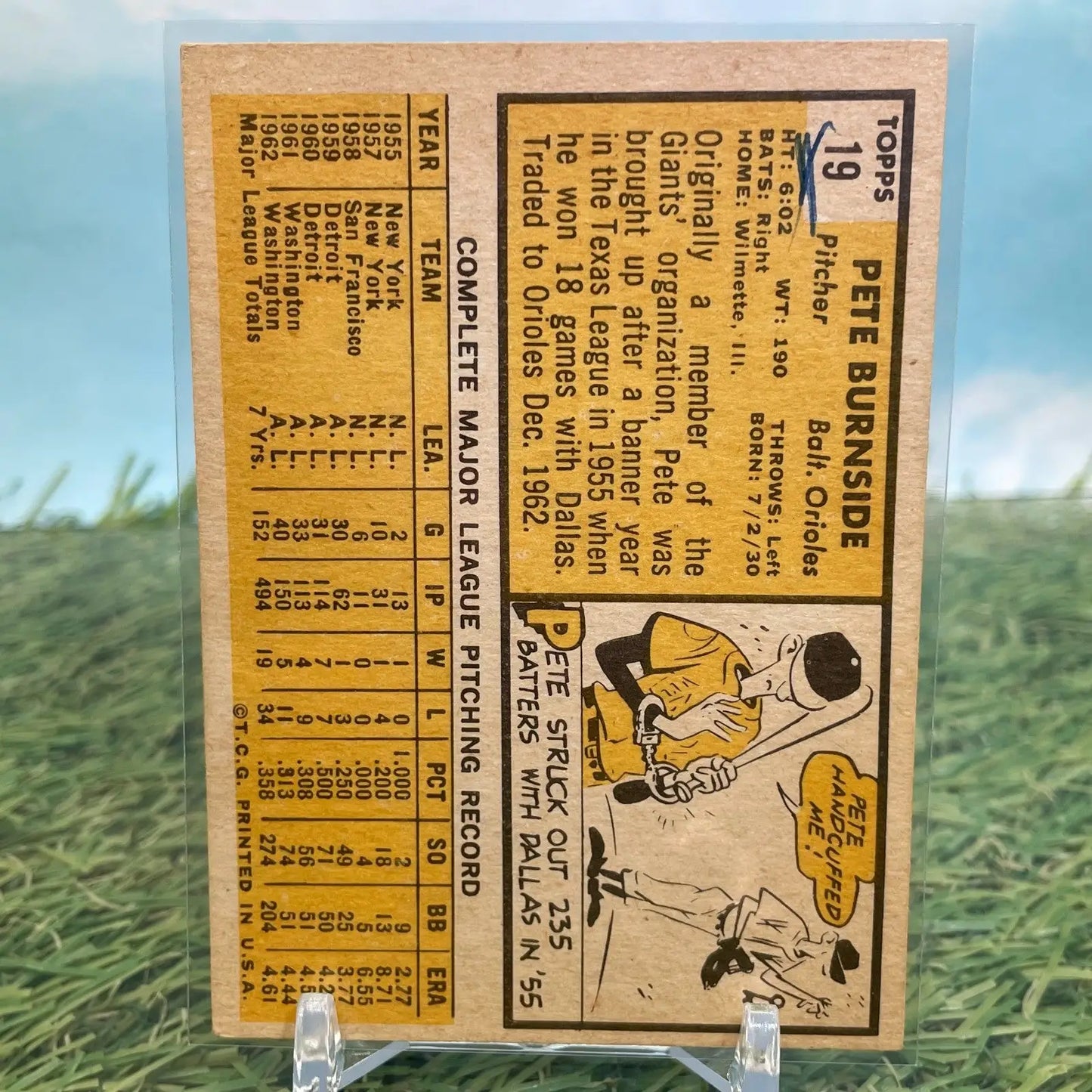 Vintage 1963 Topps Baltimore Orioles Pete Burnside baseball card with player stats and cartoon art