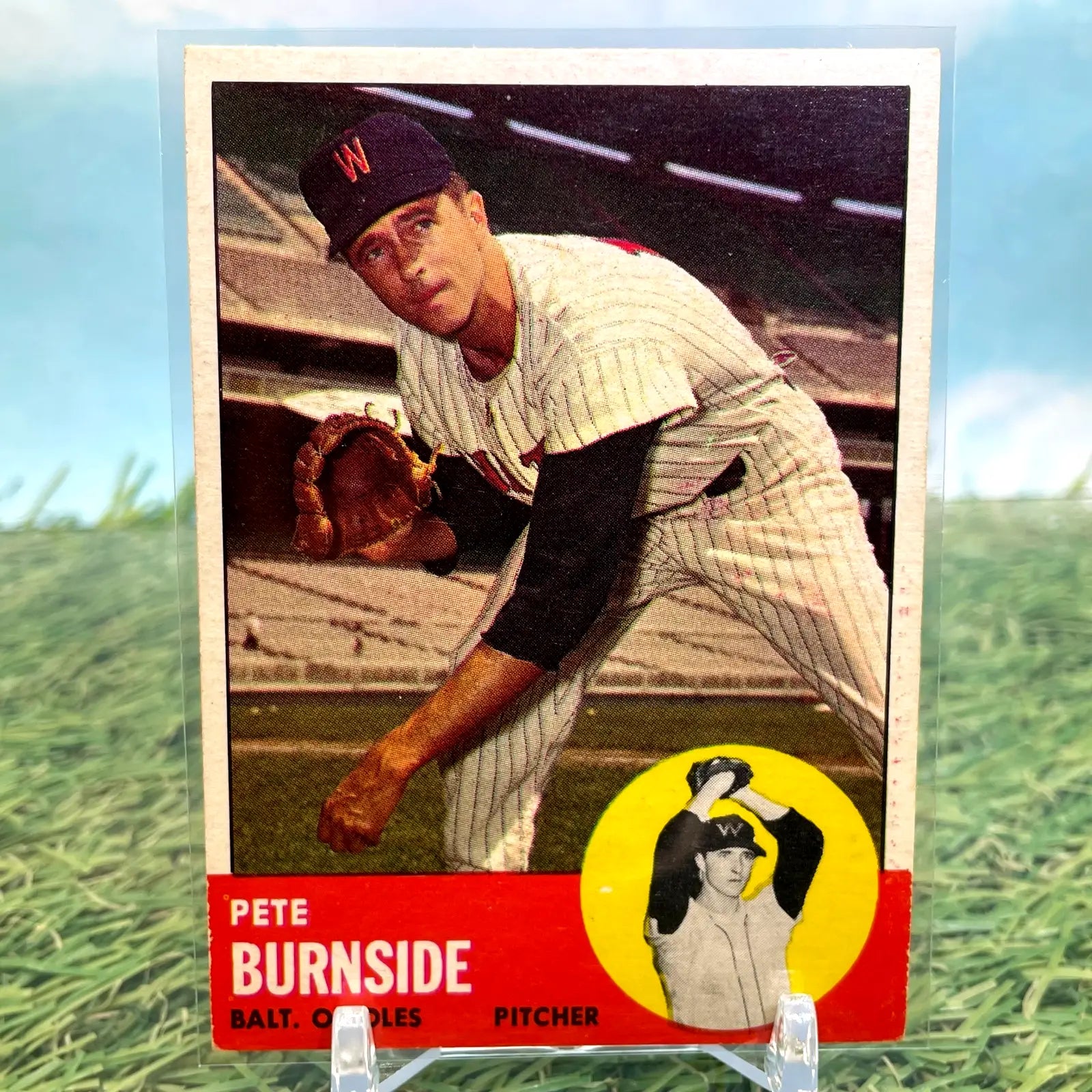 Vintage 1963 Topps Baltimore Orioles Pete Burnside baseball card with pitching stance and headshot