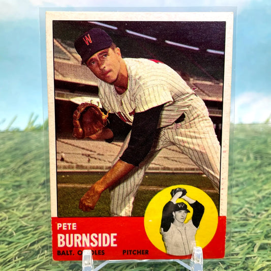 Vintage 1963 Topps Baltimore Orioles Pete Burnside baseball card with pitching stance and headshot