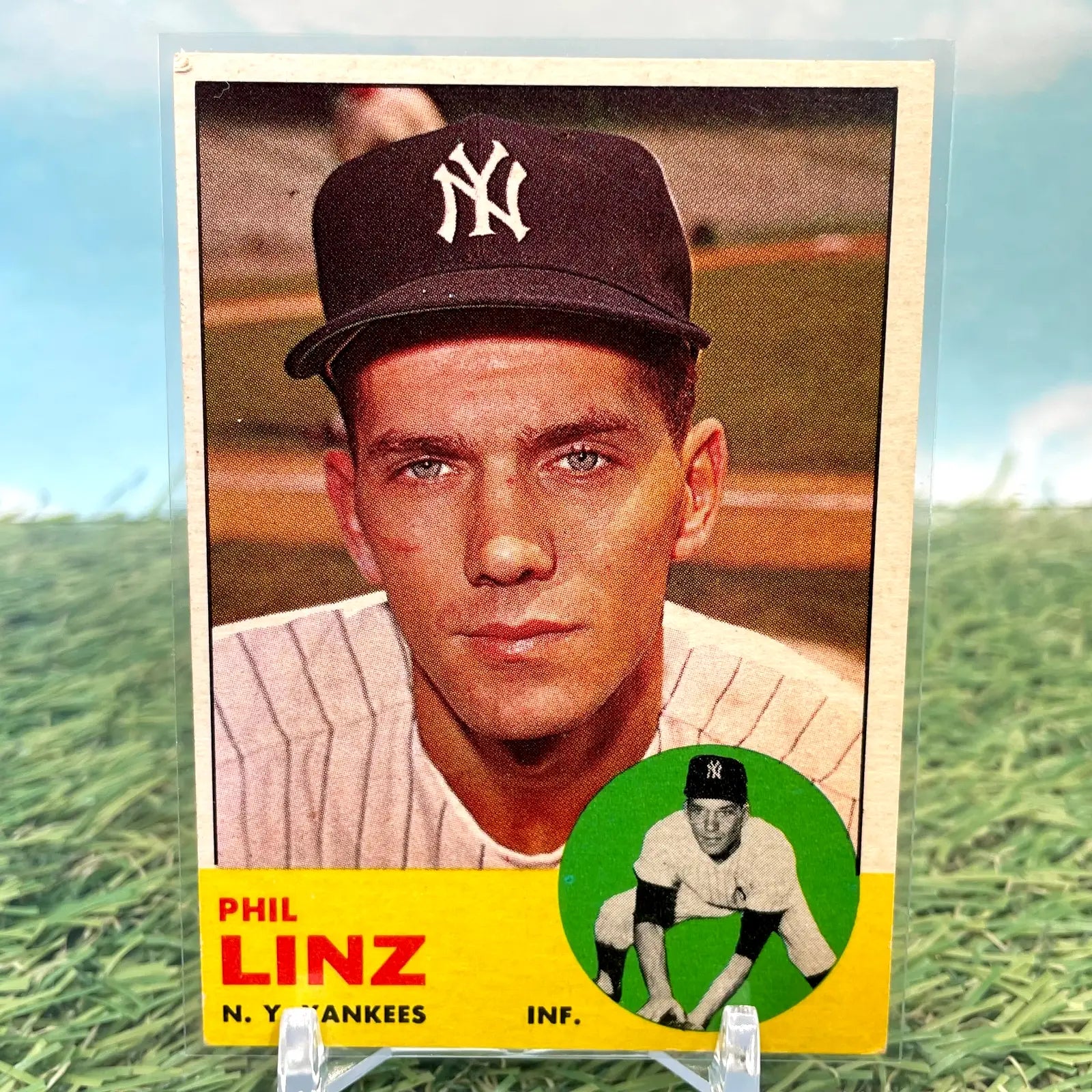 1963 Topps baseball card of Phil Linz New York Yankees in protective sleeve