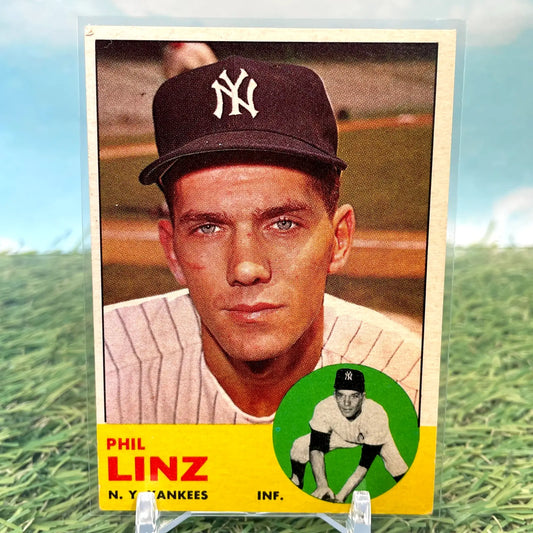 1963 Topps baseball card of Phil Linz New York Yankees in protective sleeve