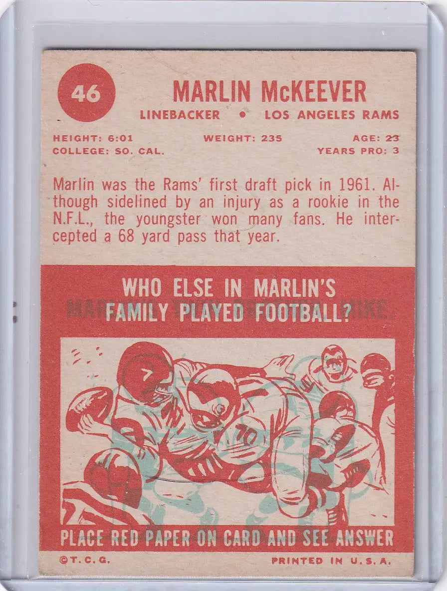 Vintage 1963 Topps Football card of Marlin McKeever, Los Angeles Rams player