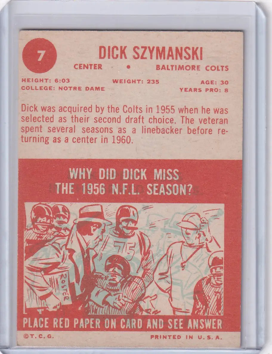 Vintage 1965 Topps Football trading card of Dick Szymanski from the Baltimore Colts