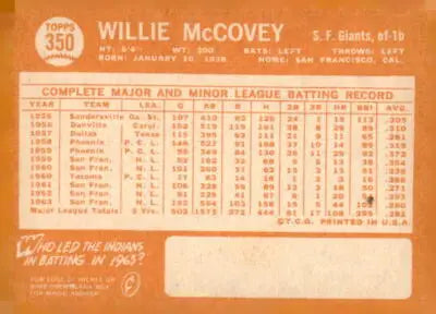 Willie McCovey baseball card back from 1964 Topps #350 San Francisco Giants memorabilia