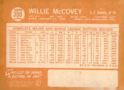 Willie McCovey baseball card San Francisco Giants 1964 Topps #350 EX-MT