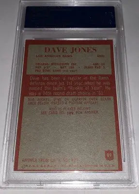 Encased Dave Jones football trading card featuring Deacon Jones from 1965 Philadelphia series