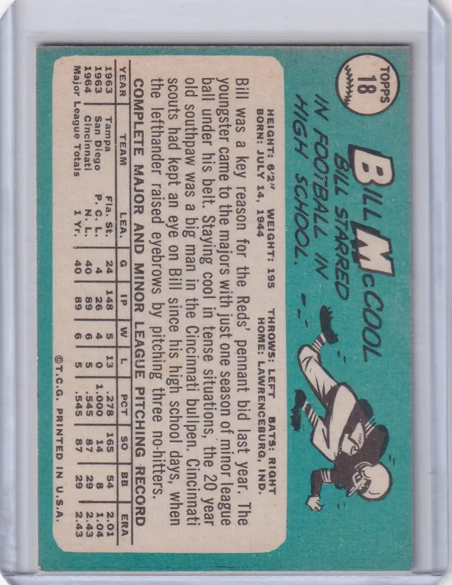 Vintage Topps Baseball card of Bill McCool showcasing Cincinnati Reds player stats