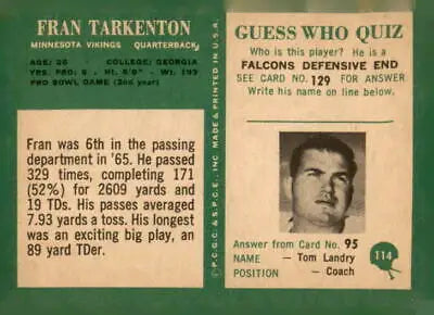 Vintage football trading card featuring 1966 Philadelphia Fran Tarkenton EX-Mt