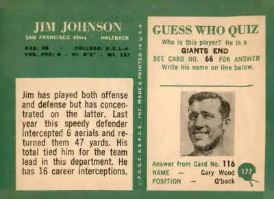 Vintage football sports trading card of Jim Johnson from 1966 Philadelphia #177