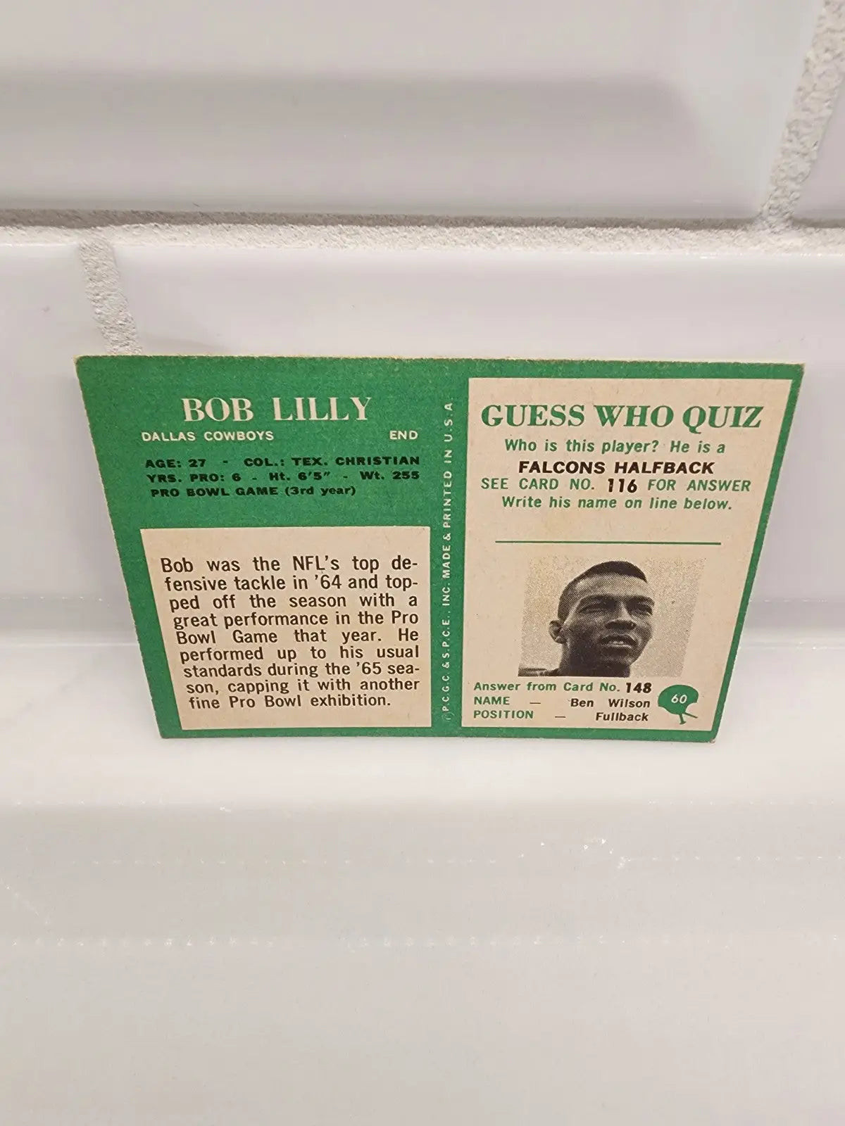 Vintage football card of Philadelphia Bob Lilly from 1966 featuring Bob Lilly with EX NM condition