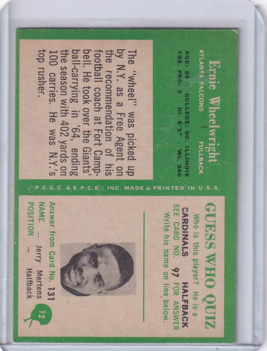 Vintage football card of Ernie Wheelwright from 1966 Philadelphia Football Atlanta Falcons