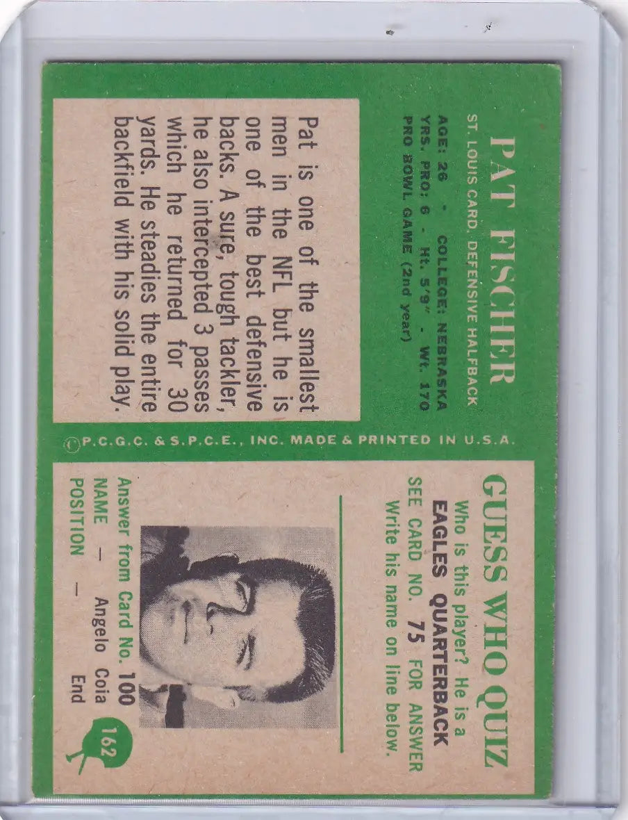 Vintage Philadelphia Football card featuring Pat Fischer of the St. Louis Cardinals