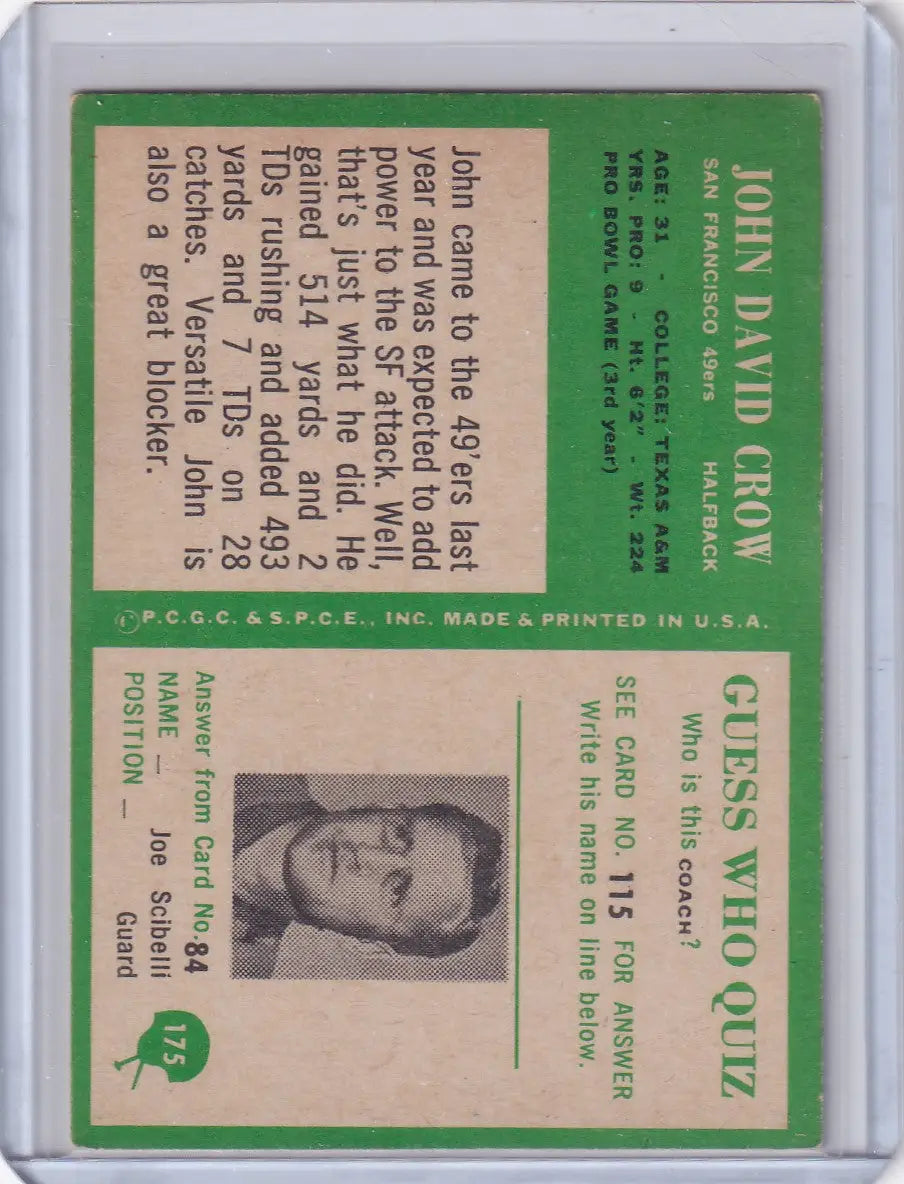 Vintage football card featuring John David Crow of the San Francisco 49ers from Philadelphia Football