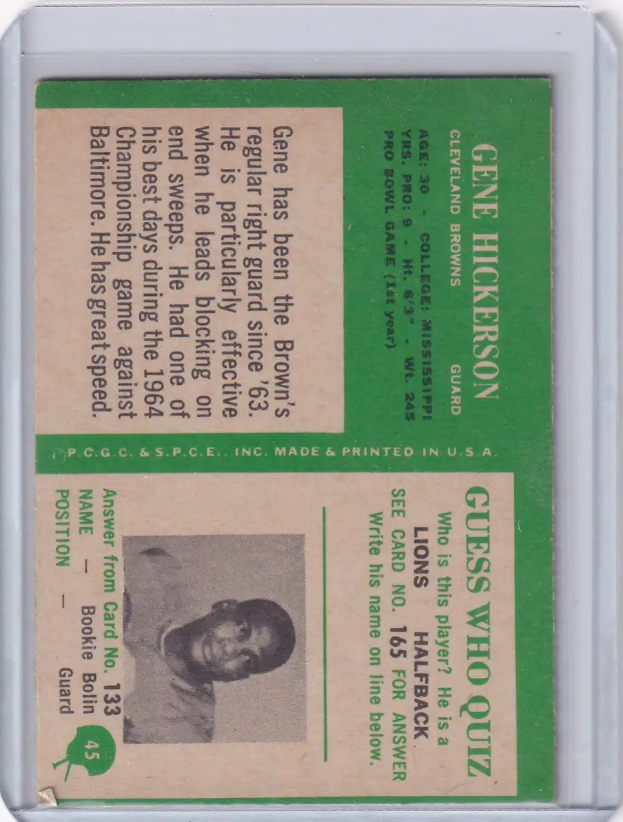 Vintage Philadelphia football card featuring Gene Hickerson of the Cleveland Browns