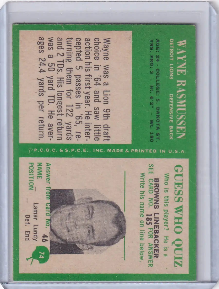 Vintage Philadelphia football card featuring Wayne Rasmussen of Detroit Lions from 1966