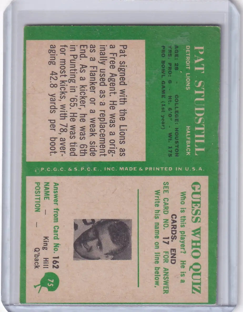Vintage Philadelphia football card featuring Pat Studstill of the Detroit Lions from 1966