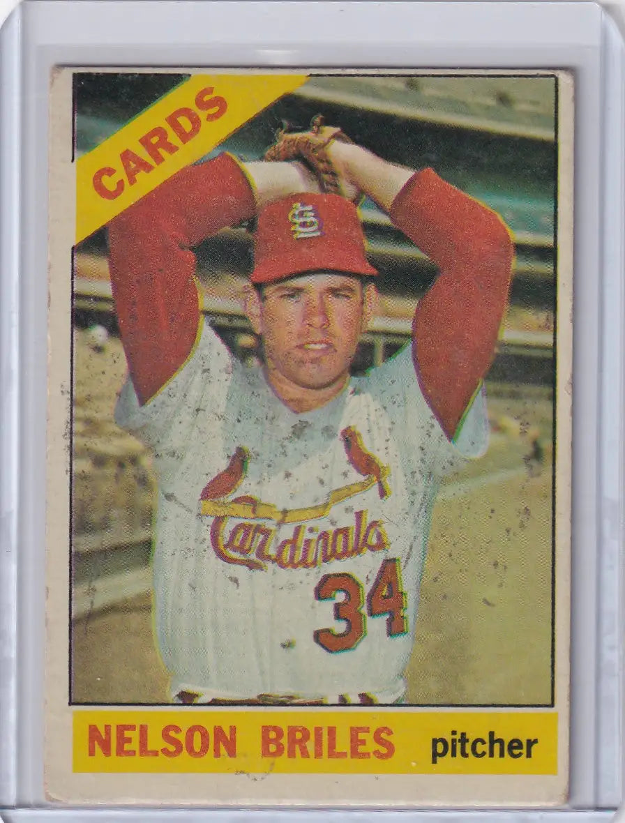 1966 Topps Baseball card of Nelson Briles, St. Louis Cardinals pitcher in action