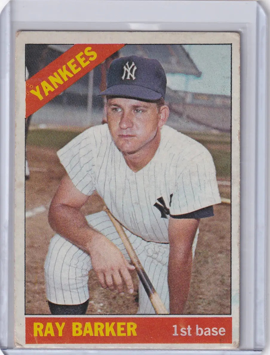 Vintage Topps Baseball card of Ray Barker in New York Yankees pinstriped uniform