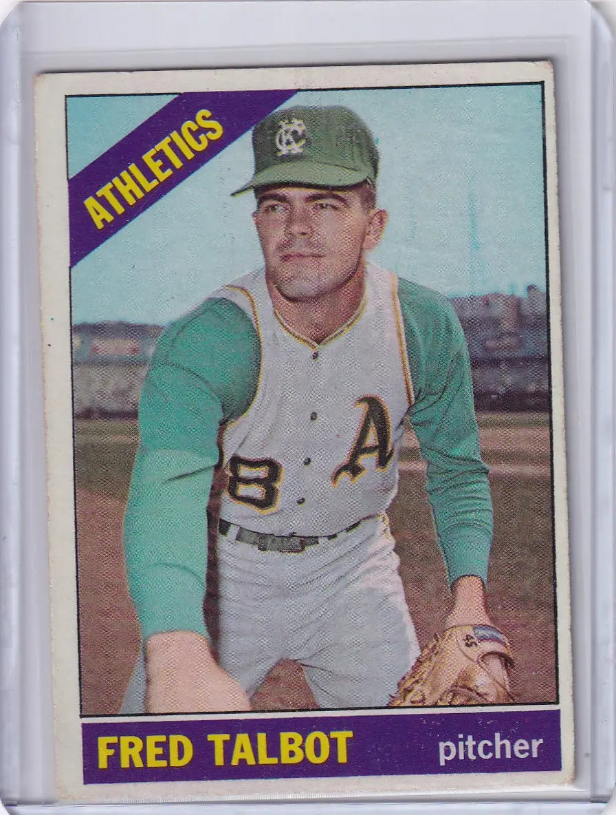 Baseball card of Fred Talbot for Kansas City Athletics in green and white uniform