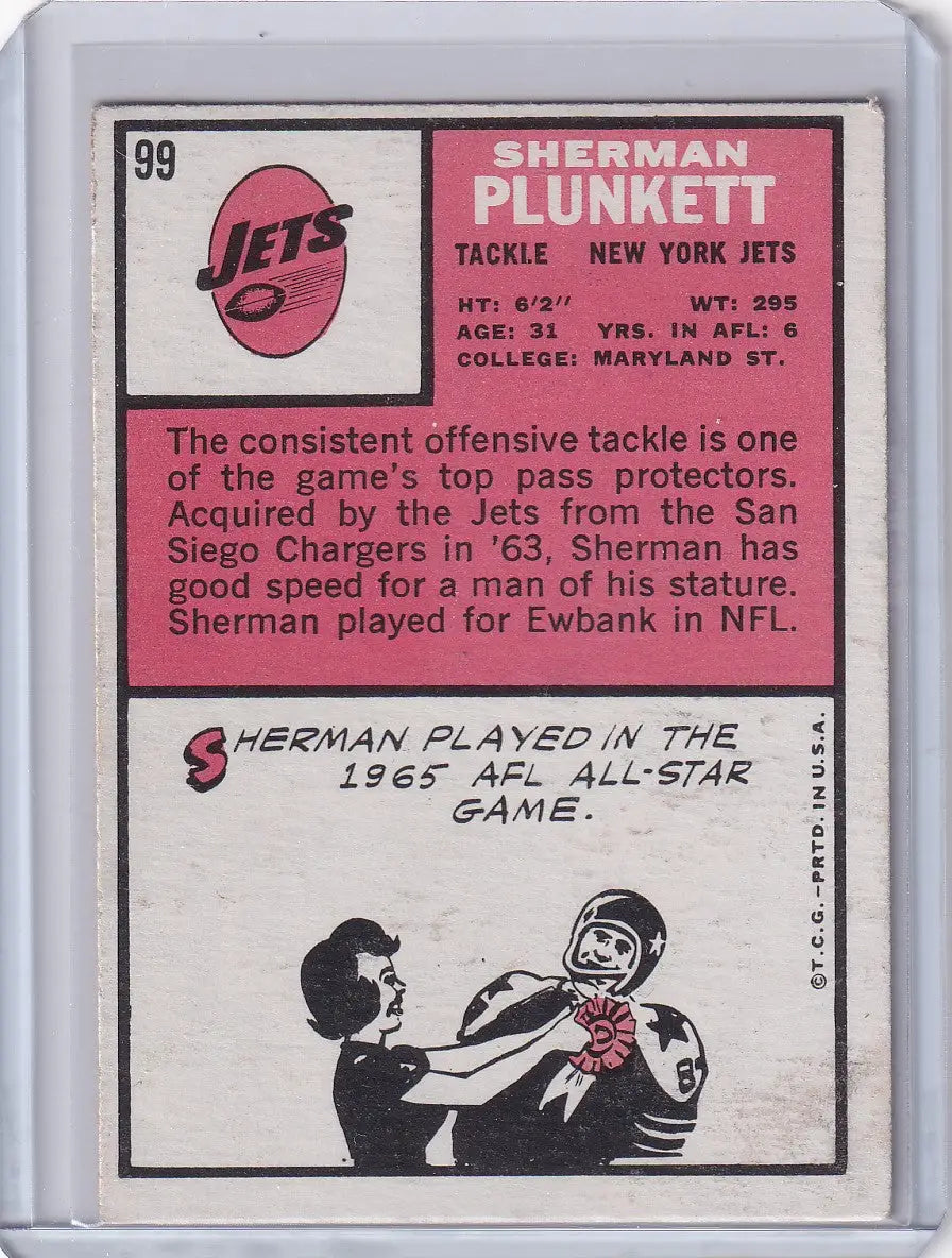Vintage 1965 Topps Football card of Sherman Plunkett, New York Jets tackle with stats