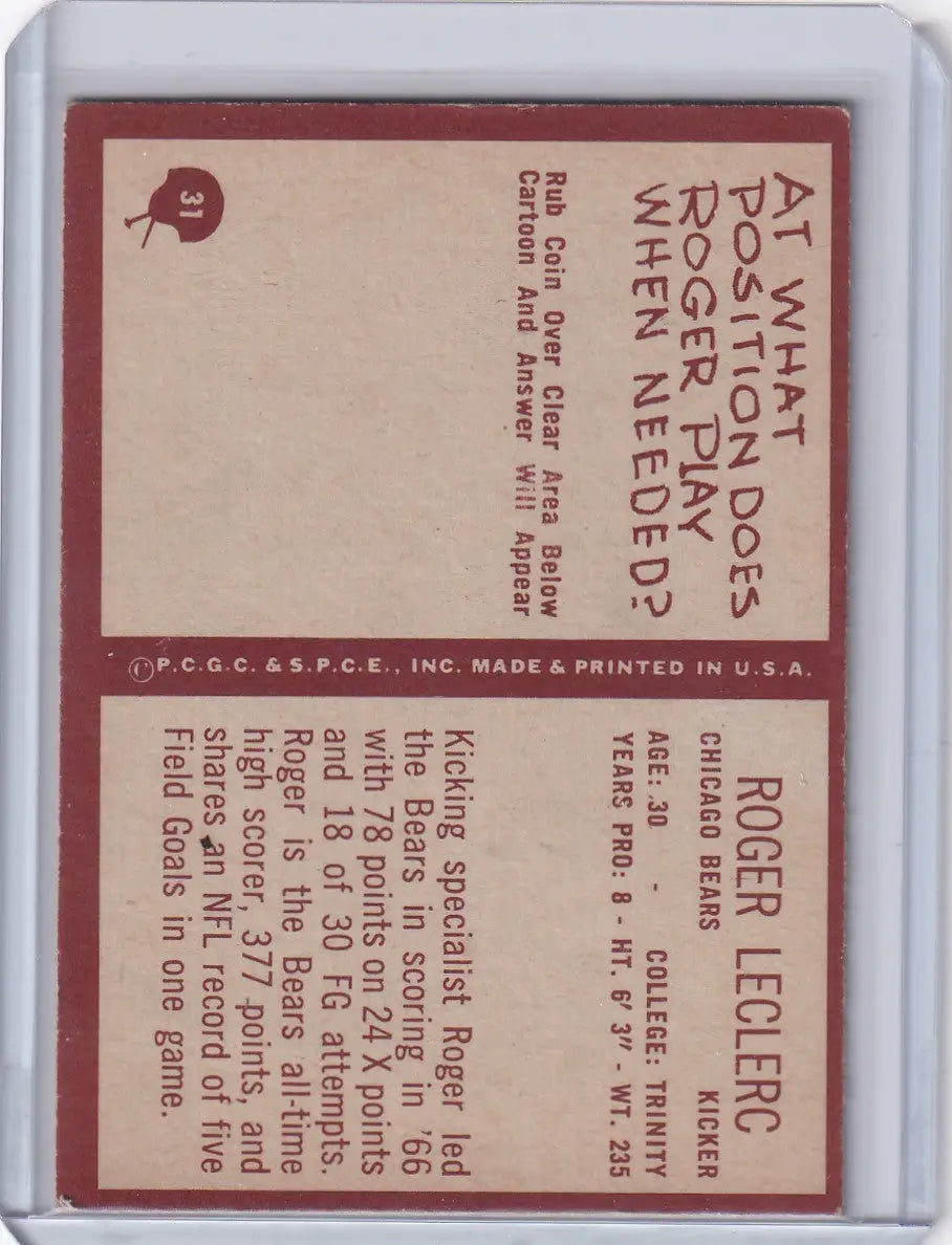Philadelphia football Roger Leclerc football card showcasing Chicago Bears memorabilia
