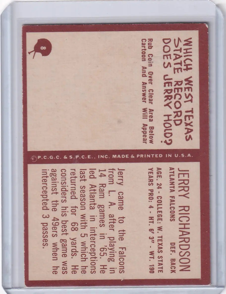 Vintage Philadelphia Football Jerry Richardson Atlanta Falcons football card 1967