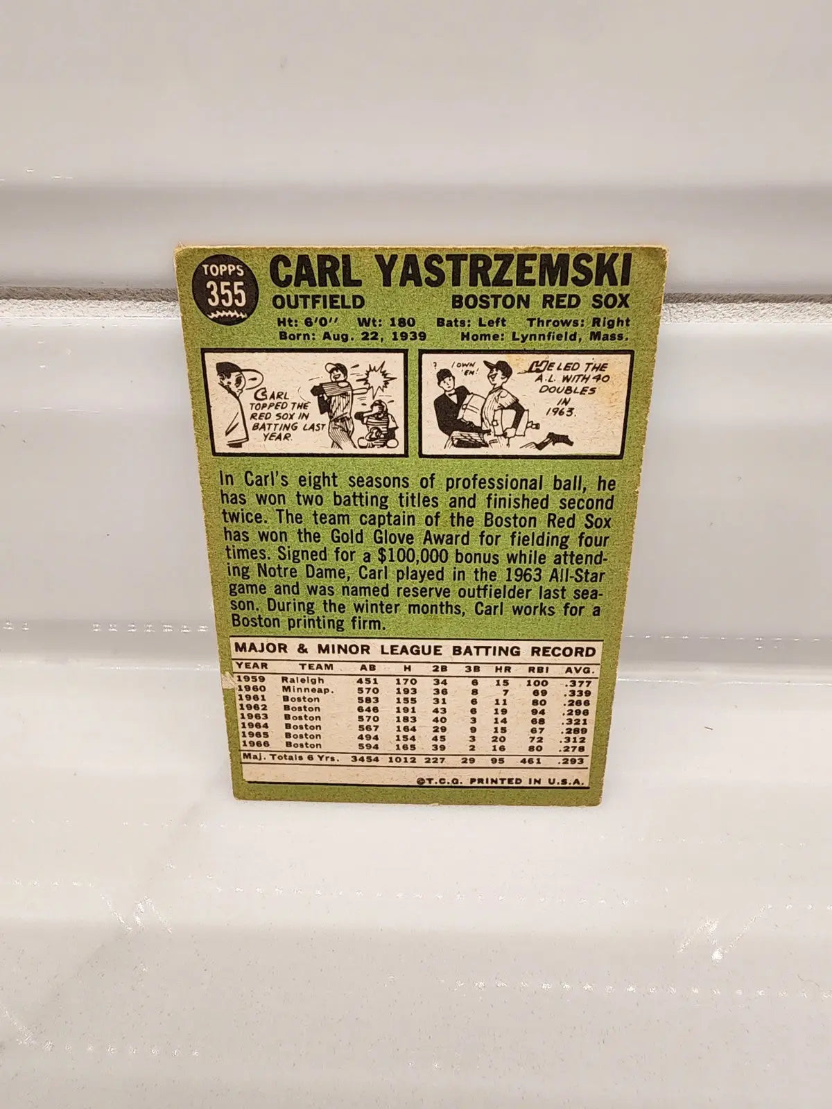 Vintage Carl Yastrzemski baseball trading card from the 1967 Topps Boston Red Sox series