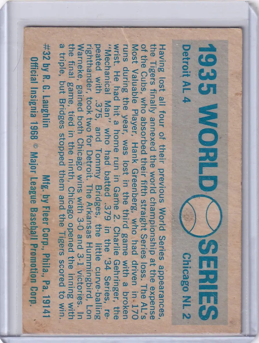 Fleer World Series baseball card 1935 Detroit vs Chicago with game details and stats