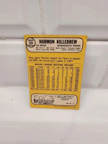 Harmon Killebrew baseball trading card from 1968 Topps - #220 in excellent condition
