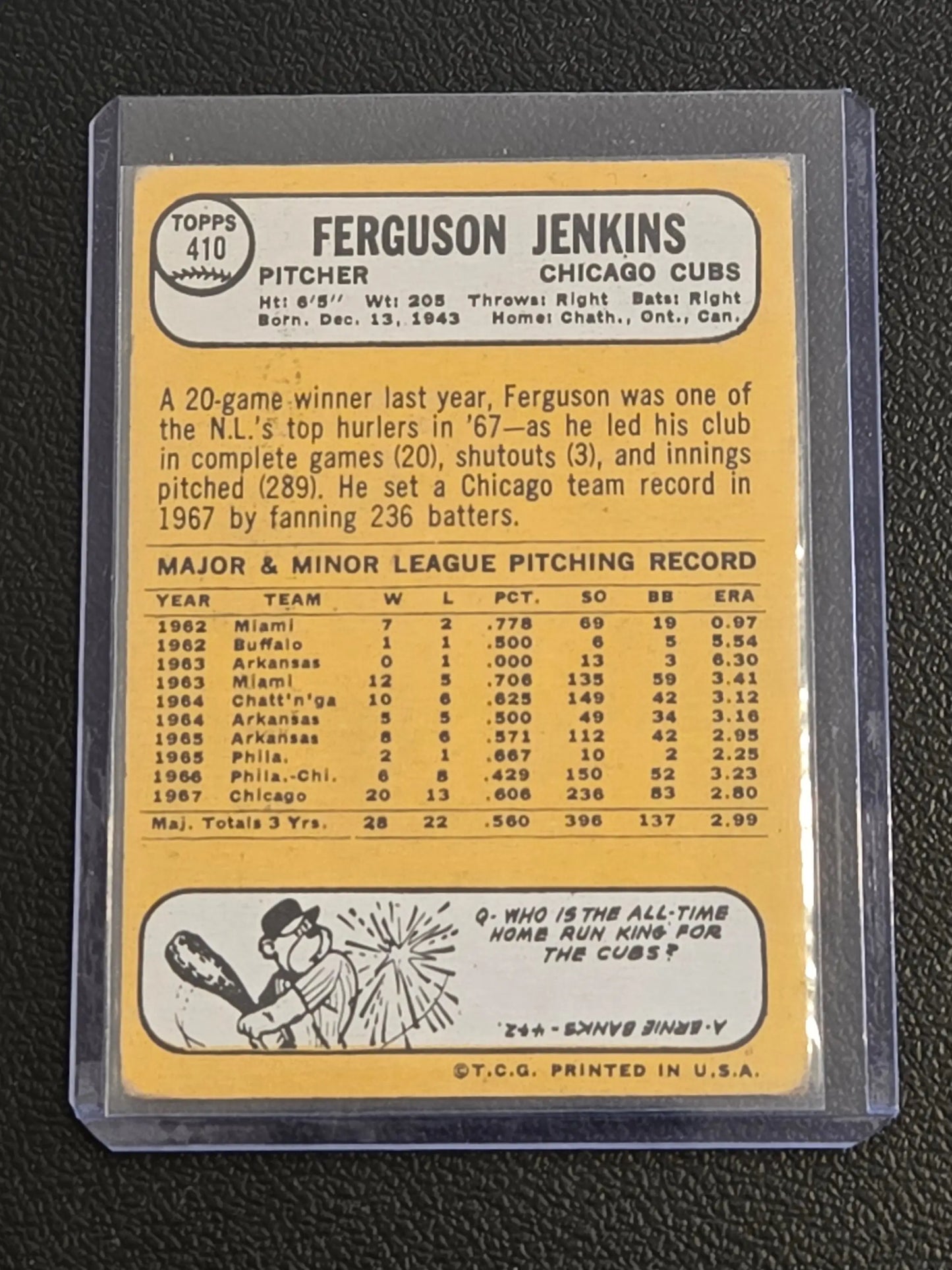 Back of a vintage 1968 Topps Ferguson Jenkins baseball card in protective sleeve