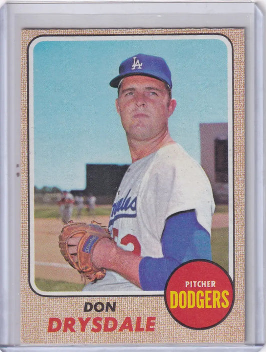 Vintage baseball trading card of Don Drysdale from 1968 Topps Baseball featuring Los Angeles Dodgers