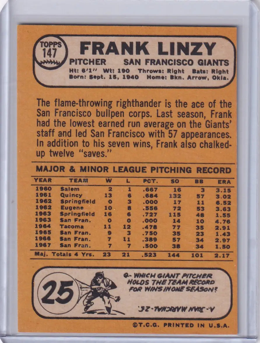Baseball card of Frank Linzy, San Francisco Giants player, from 1968 Topps Baseball series