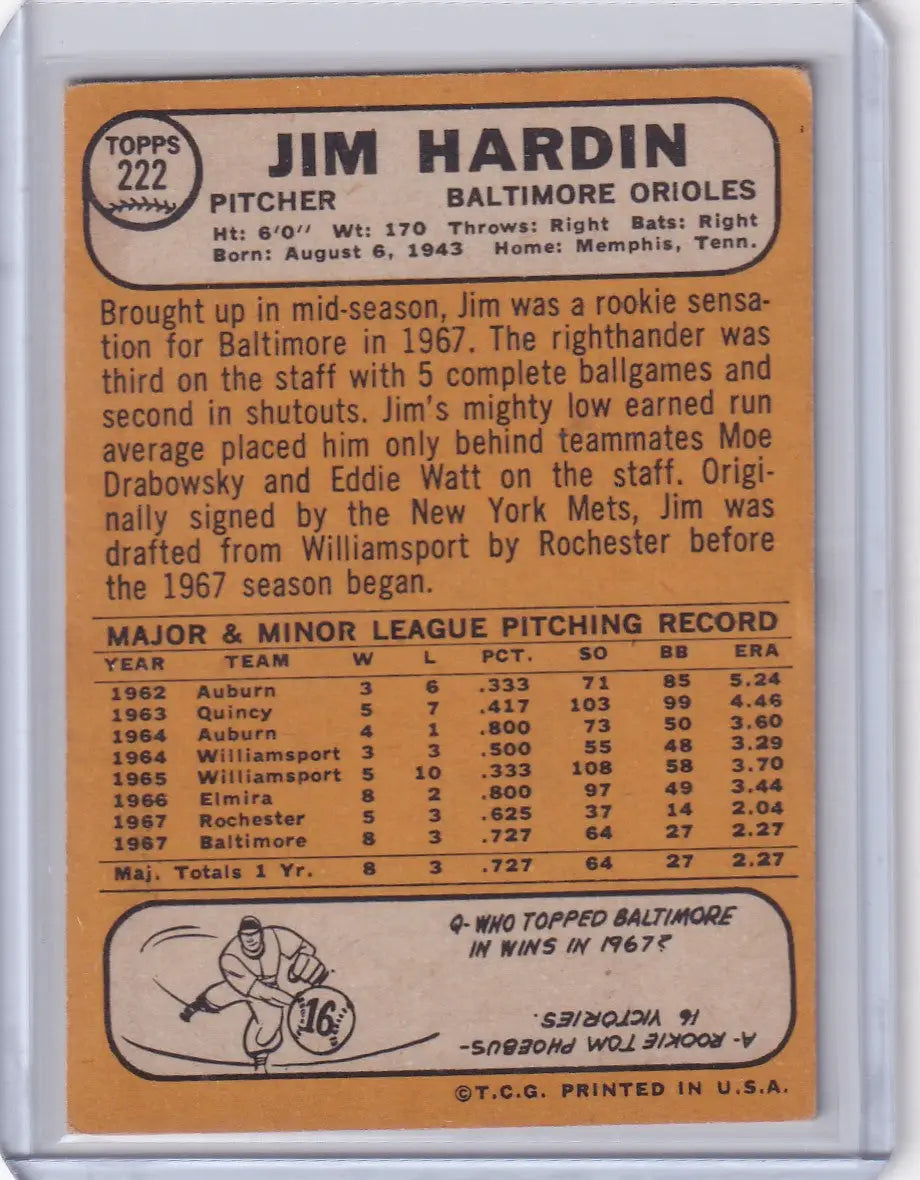 Baseball card of Jim Hardin, Baltimore Orioles pitcher, from 1968 Topps Baseball