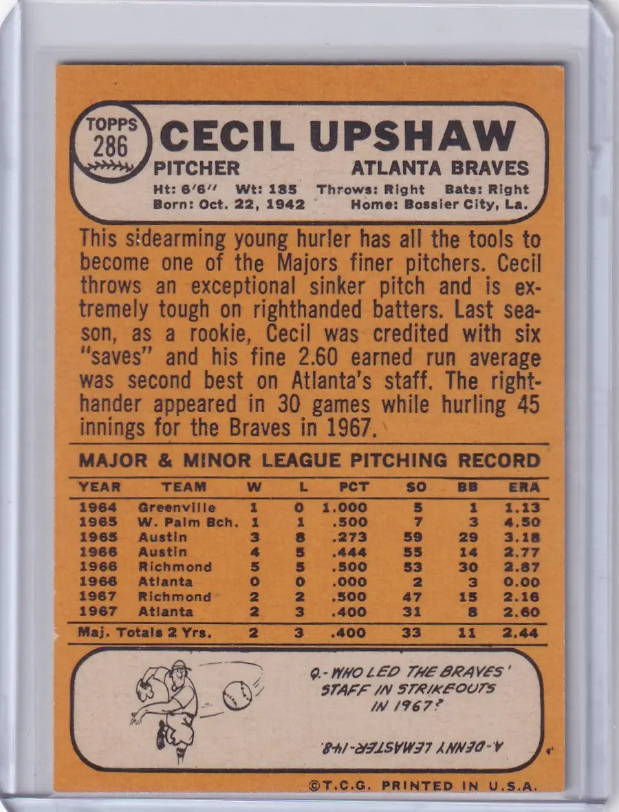 Baseball card of Cecil Upshaw from the 1968 Topps Baseball set, Atlanta Braves
