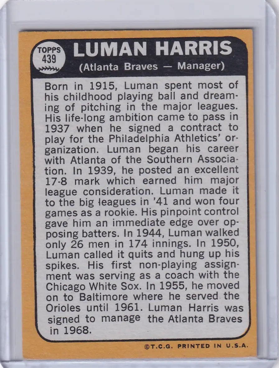 Topps Baseball card of Lum Harris, former Atlanta Braves player and manager