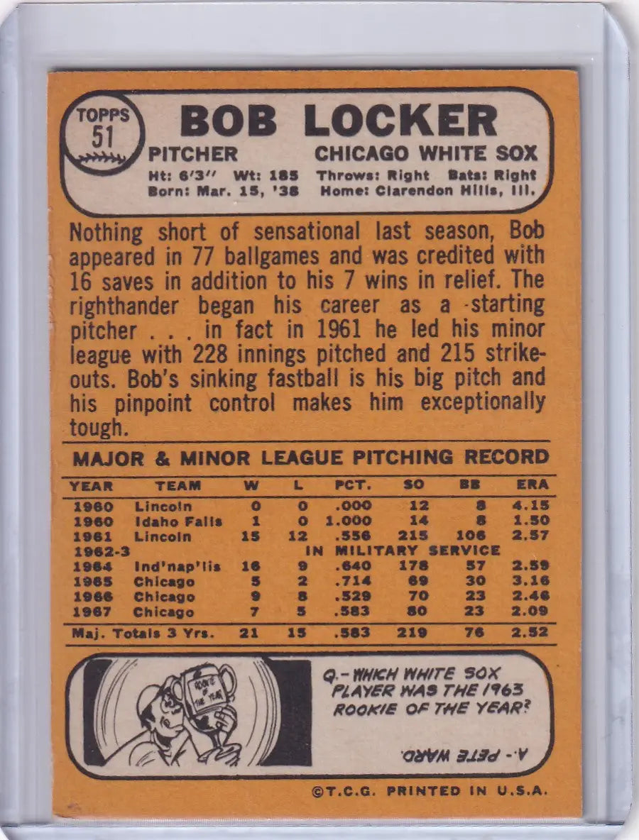 Baseball card of Bob Locker, Chicago White Sox pitcher, from 1968 Topps Baseball series