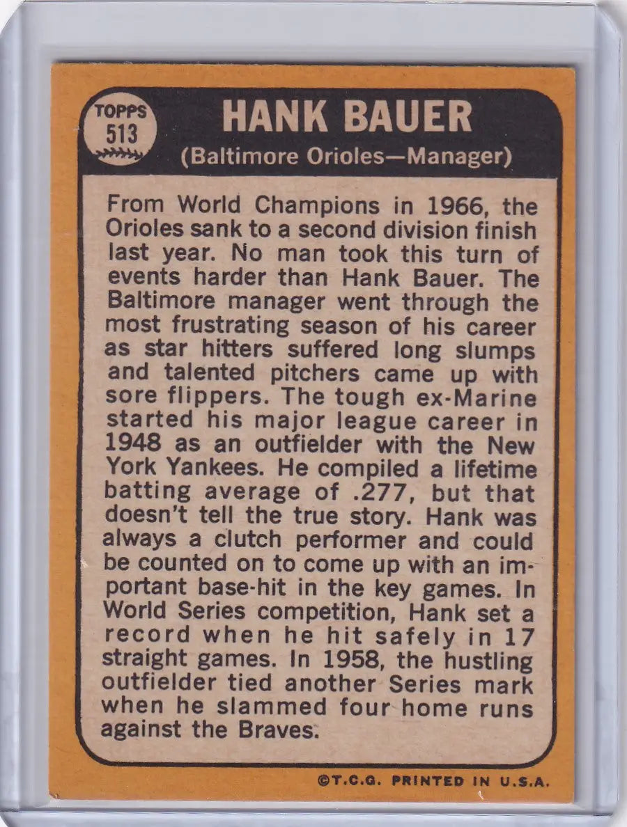 Topps Baseball card of Hank Bauer, Baltimore Orioles, 1968 Topps #513 edition