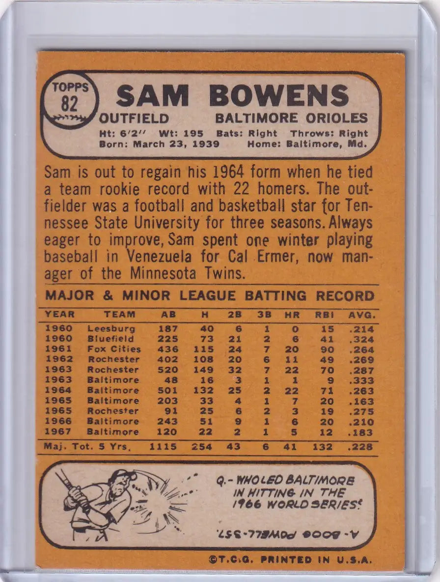 Topps Baseball card of Sam Bowens, Baltimore Orioles from the 1962 set