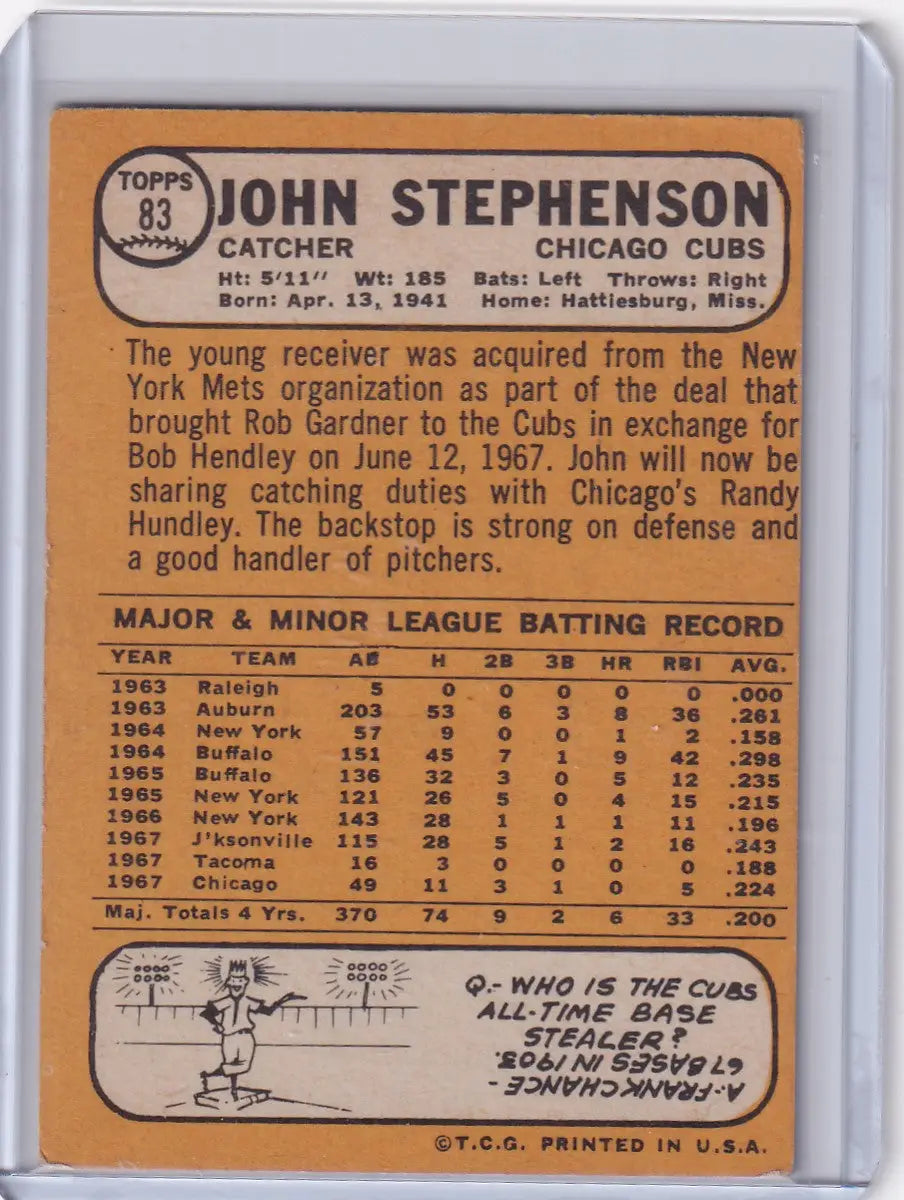 1968 Topps Baseball card of John Stephenson featuring the Chicago Cubs