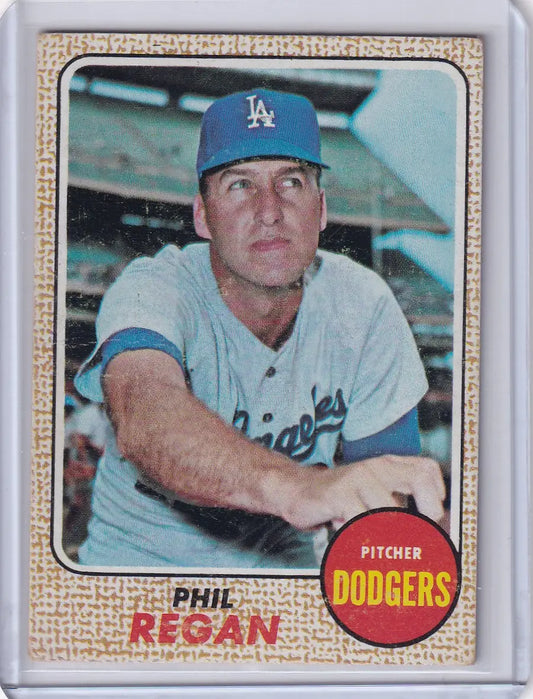 Baseball card of Phil Regan in Los Angeles Dodgers uniform from 1968 Topps Baseball series