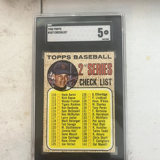 Graded 1968 Topps baseball checklist card featuring Juan Marichal, SGC 5 condition