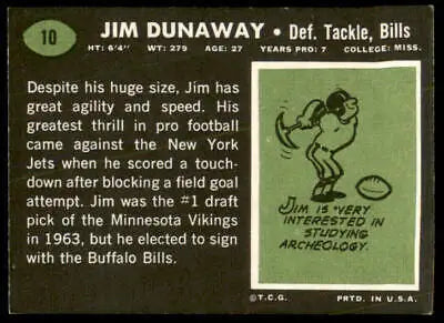 Vintage Jim Dunaway football card featuring Jim Dunaway with Buffalo Bills from 1969 Topps