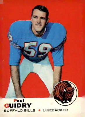 Vintage football card of Paul Guidry from the 1969 Topps series featuring Buffalo Bills