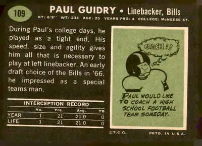 Vintage 1969 Topps Paul Guidry Buffalo Bills football card for collectors