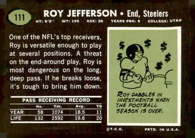 Back of 1969 Topps Roy Jefferson football trading card featuring Pittsburgh Steelers player