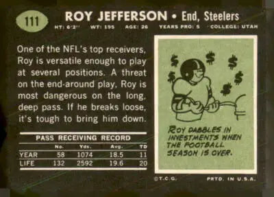 Vintage football card back featuring Roy Jefferson from 1969 Topps #111 Roy Jefferson trading card
