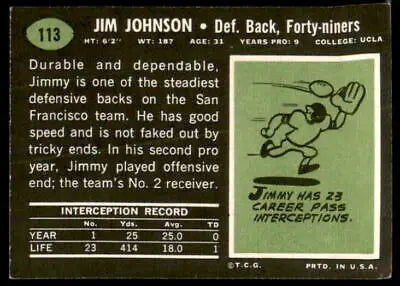 Vintage Jim Johnson football card from 1969 Topps #113 showcasing San Francisco 49ers talent