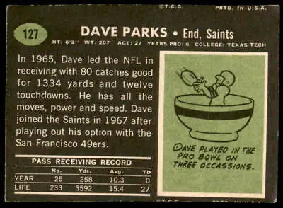 Vintage football card of Dave Parks from the 1969 Topps series featuring Orleans Saints