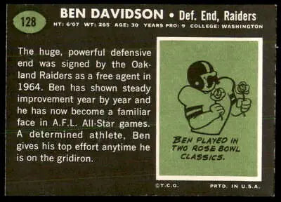 Vintage 1969 Topps Ben Davidson Oakland Raiders trading card in EX-MT condition