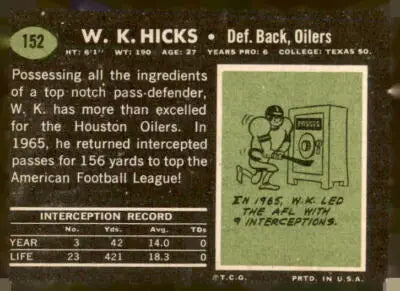 Vintage football card featuring W.K. Hicks Houston Oilers from 1969 Topps #152